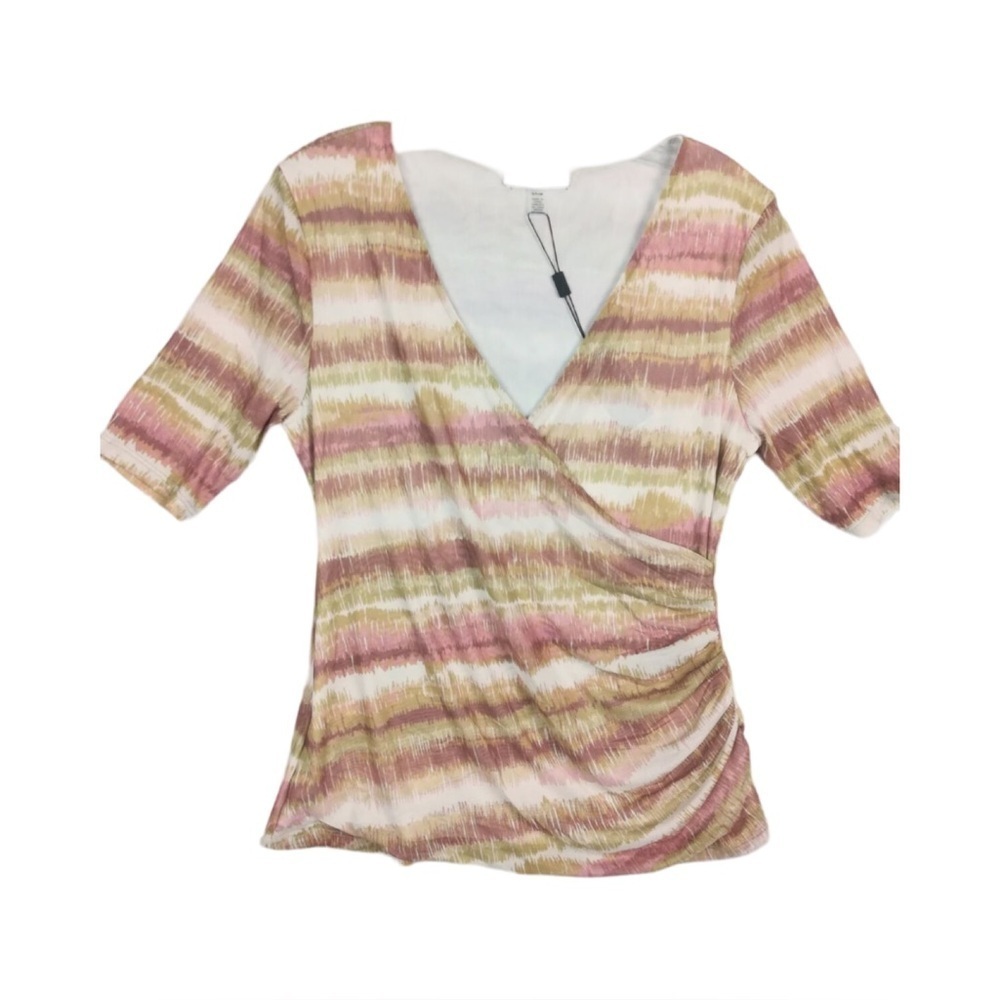Cable & Gauge Faux Wrap Ruched V-Neck Striped Top NWT Size S